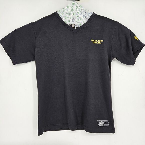 Golds Gym Shirt Womens XL V Neck Black Yellow Graphic Tee Logo Muscle Training - Picture 1 of 11